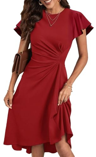 HUXRAKV Robe Femme Chic et Elegant Midi Robe de Cocktail Mancheà Volants Robe Unie A-Line à Plis de Taille Robe de Soirée Fête Affaires