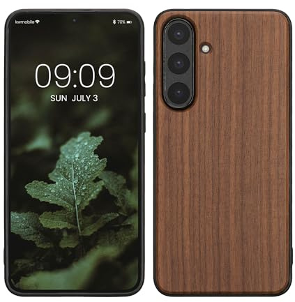 kwmobile Äkta träfodral kompatibelt med Samsung Galaxy S25 FE fodral – hårt träskydd med TPU-stötfångare – mörkbrunt trä