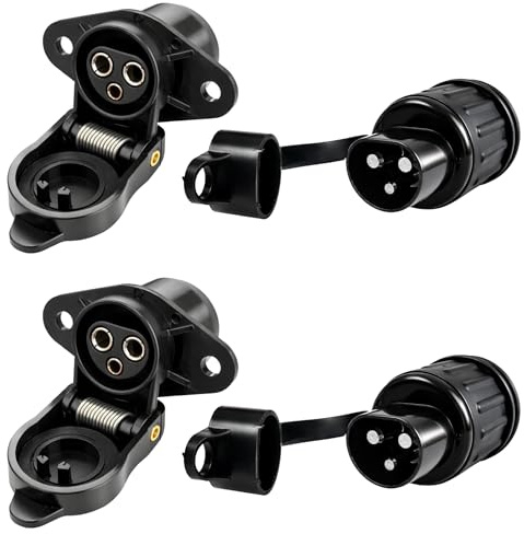 RheinParts Set 2 prese + 2 connettori a 3 poli DIN 9680 6–24V 25A con coperchio di protezione – Collegamento elettrico per rimorchi auto, trattori, macchine agricole e macchine edili – Set di