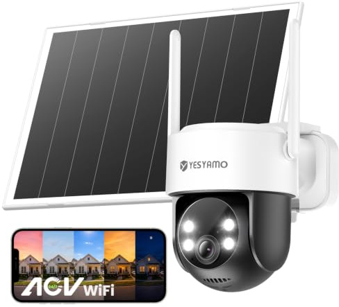 YESYAMO 4MP AOV Telecamera WiFi Esterno con Tracciamento Automatico | Monitoraggio Continuo 24/7 Telecamera Solare 360° PTZ con Rilevamento AI 30m, Batteria 9000mAh, Allarme Sono/Lumière, 2,4GHz