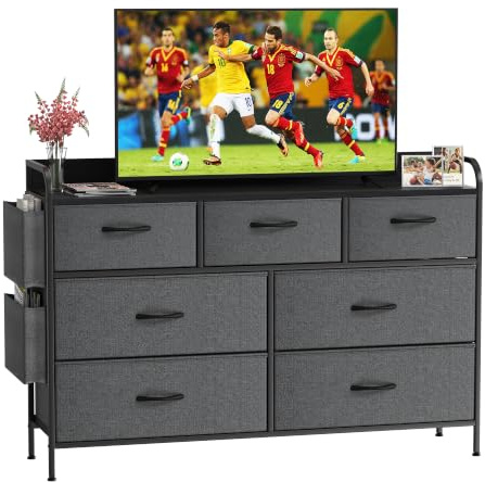 GoaHi Chest of Drawers Bedroom Cabinet, 7-Drawer Fabric Storage Unit with 1 Open Shelf, Side Handles & Side Pocket, Dresser with Adjustable Feet & Anti-Tip Device, for Living Room, Hallway