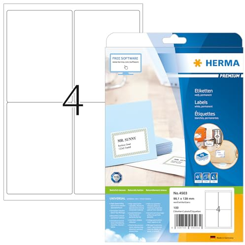 HERMA 4503 Versandetiketten, 25 Blatt, 99,1 x 139 mm, 4 pro A4 Bogen, 100 Stück, selbstklebend, bedruckbar, matt, blanko Papier Adressetiketten Aufkleber, weiß