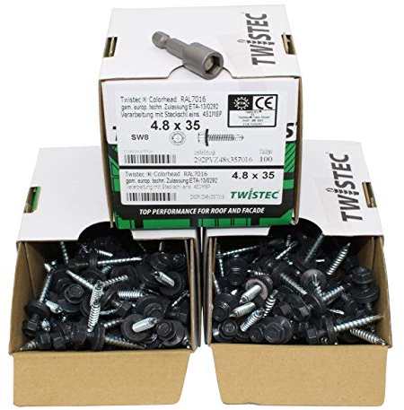TWISTEC Color-Head Trapezblechschrauben, Selbstbohrschraube, Blechbohrschraube mit EPDM-Unterlegscheibe, Dachschrauben verzinkt, Anthrazitgrau RAL7016, 4,8x35 mm, 300 Stück inkl. Steckschlüssel SW8+