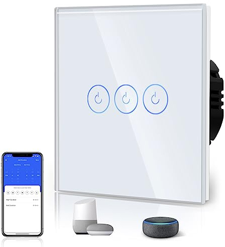 BSEED Interruptor Inteligente WIFI,Interruptores Tactil Con Cristal,Compatible con Alexa,Tuya y Smart Life,Requiere Cable Neutro,3 Gang 1 Vía,86mm Blanco