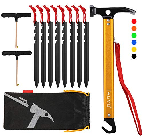 TAGVO Martillo de Camping con 8 estacas de estacas de Aluminio y 2 Piezas de Tienda multifuctional Stakes Puller Set, mazos de Camping Multifuncional de Aluminio portátil para Acampar