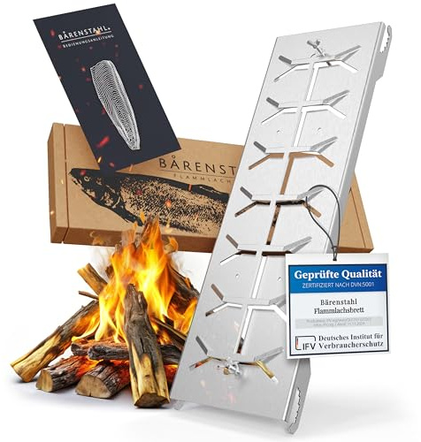 Bärenstahl Flammlachsbrett – Flammlachsbretter mit Halterung – Feuerfest aus Edelstahl geeignet für Feuerschalen und Kugelgrill – Made in Germany