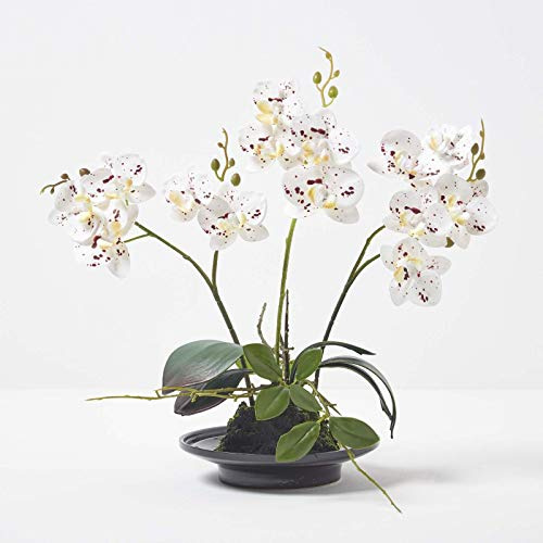 HOMESCAPES Artificial White Orchid in Pot 38 cm Tall Lifelike Faux Orchid Plant In Black Ceramic Bowl with Real Touch Silk Flowers and Green Leaves Phalaenopsis Orchid Flower for Indoor Decoration