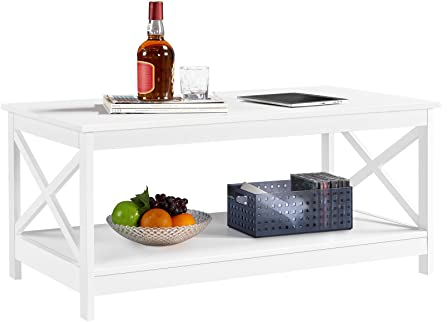 Yaheetech Couchtisch Kaffeetisch mit 2 Ablagen Sofatisch X-Form Stütze Wohnzimmertisch aus Holz Einfacher Aufbau Moderner Beistelltisch für Wohnzimmer/Balkon/Büro, 100 x 50 x 45 cm Weiß