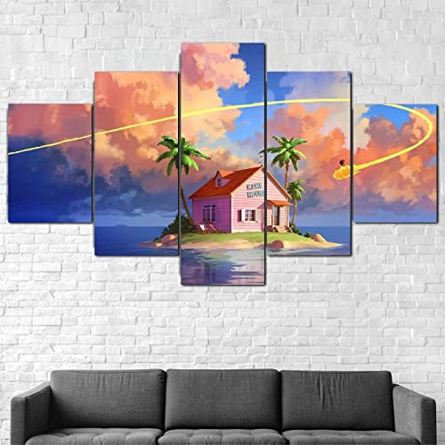 Wondbeau Leinwanddrucke Modulare Wandkunst Wandaufkleber 5 Teiliges Wandbild Druck auf Leinwand Malerei Moderne Abstrakte Poster Mit Rahmen XL/200cm×100cm Anime Dragonball,Kame House
