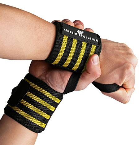KINETIC EVOLUTION Sport Handgelenkbandagen [1 Paar] Wrist Wraps. Ideal für Bodybuilding, Fitness, Gewichtheben, CrossFit, Powerlifting, Training (Gelb Streifen)