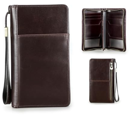 CONTACTS Reise-Clutch aus echtem Leder für Herren mit Handschlaufe,RFID Reisepass-Geldbörse mit Reißverschluss, große Kapazität, Handy-Clutch, Handtasche für Männer, Vintage