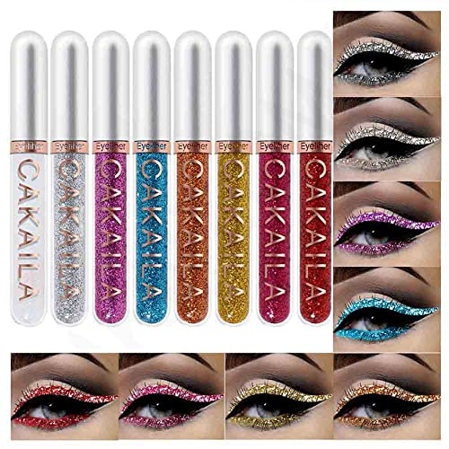 Eyeliner Bunt, MKNZOME 8 Farben Glitzer Eyeliner Flüssig Wasserfest Make Up Set Langlebiger Eyeliner Multifunktionale für Cosplay, Täglichen Gebrauch, Halloween, Weihnachten Party Make-up