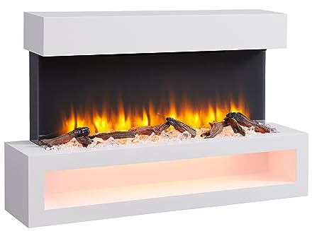 BALDERIA Elektrokamin Nikos, Elektrischer Wandkamin, Weiß | 3D-Flammeneffekt, Elektro Heizung 2000W, LED-Beleuchtung, Fernbedienung, Startsteuerung, Timer & Thermostat