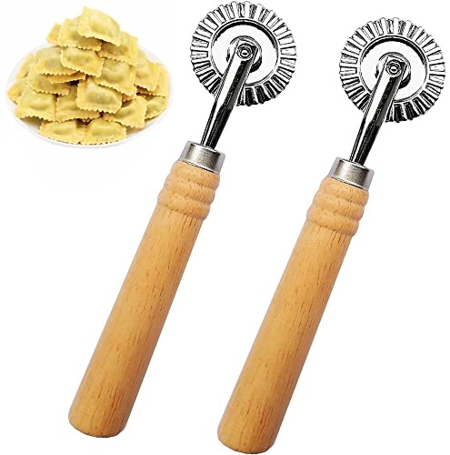MTOMDY 2 PCS Ravioli Cutter Stamps with Roller Wheel Round Mold with Wooden Handle and Fluted Edge Pasta Press Pasta Cutter for Home and Kitchen Use- 1.6 Diameter