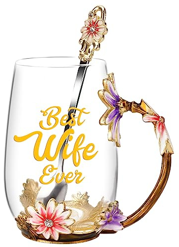 OEAGO Gifts for Wife from Husband Romantic Tea Cup Gifts for Her Birthday Flower Glass Mugs Wedding Mothers Day Christmas Anniversary