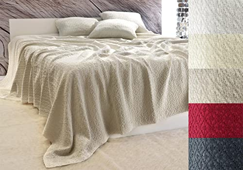 Wohnen & Accessoires Edle Tagesdecke Coimbra Bettüberwurf 100% Baumwolle 180x260 bis 260x300cm - Überwurf Sofa Couch - Kreuzstich Ornamente - versch. Farben (Beige, 240 x 260 cm)