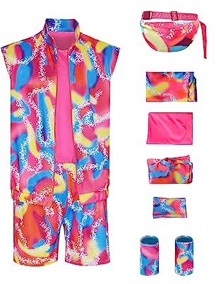 Seaehey Herren Retro Sport Wear 70er 80er Vintage Sportanzug Bunte Weste Shorts Tank Top mit Tasche Sommer Strandset Halloween Karneval Outfits