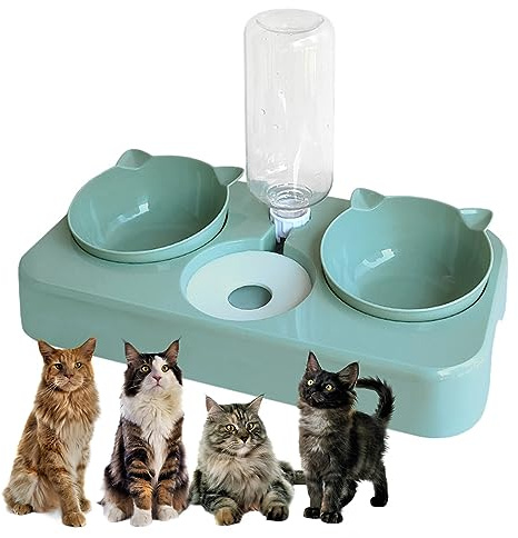 Ciotole per Acqua e Cibo per Gatti, Dispenser Automatico 3 in 1, Set di Ciotole Regolabili da 0 a 8° per Animali Domestici