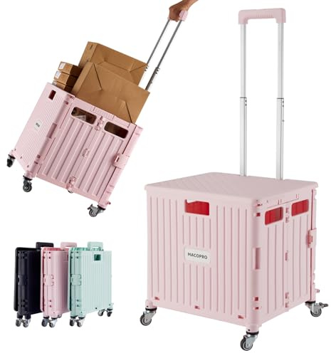 MACOPRO Folding Utility Cart Portable Rolling Crate Handcart Shopping Trolley Collapsible Tool Box, with Lid, Basket on 4 Rotate Wheels, for Grocery, Shopping, Office, Storage, Teacher (Pink)