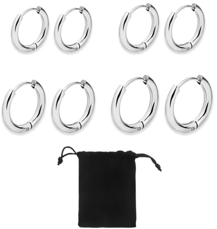 ZKSXOA 4 Pares Pendientes de Aro de Acero Inoxidable Anillos de Labios Nariz Pendientes de Aro Pequeños de Cartílago para Hombre y Mujer 6/8/10/12 mm, plata