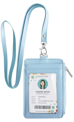 Bolimoss 2-in-1 Ausweishalter & Lanyard-Geldbörse, Kreditkartenhalter mit abnehmbarem Nackenband, Leder-ID-Namensschild mit 5 Kartenfächern und Reißverschluss für Büros, Schule, Führerschein, Babyblau