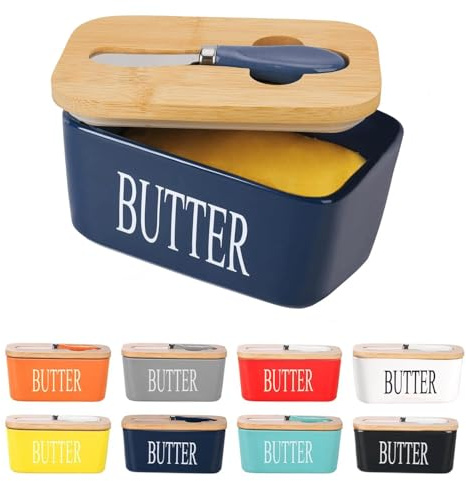 Beurrier européen en porcelaine avec couvercle en bois et joint en silicone – Parfait pour les noix, le fromage – 650 ml (bleu)