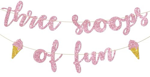 Kaakswa Pink Ice Cream 3rd Birthday Banner, Three Scoops of Fun