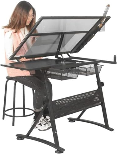 Hlixzoy Zeichentisch Aus Gehärtetem Glas Mit Unterplatte, Verstellbarer Zeichentisch, Mit Stauraum, Großer Kunsttisch, Geeignet Für Home-Office-Zeichentisch