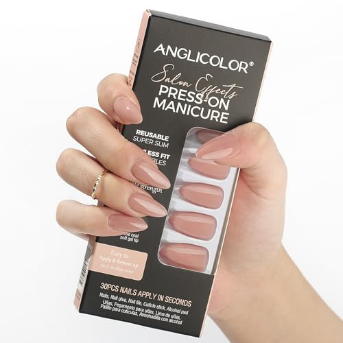 Anglicolor Unghie finte nude, unghie corte a mandorla,30 pezzi di unghie finte in gel morbido in 15 misure, kit di unghie finte riutilizzabili (A111, 30 pezzi)