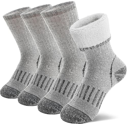 MOSEY KOSY 4 Pairs Kids Merino Wool Walking Hiking Socks Boys Girls Toddlers Thermal Winter Warm Boot Thick Cushion Snowboarding Socks(Grey,12-15 Years)