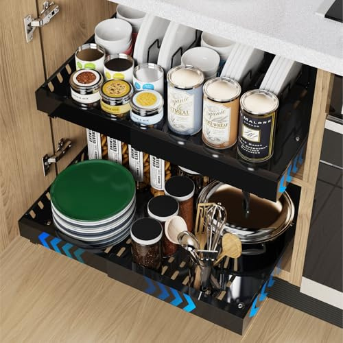 iHomara 2 Pack erweiterbarer ausziehbarer Schrankorganisator mit Klebefläche, 53 cm tiefe Schubladen für Küchenunterschränke, 8 Geschirrhalter, verstellbare Breite 32 cm-53 cm