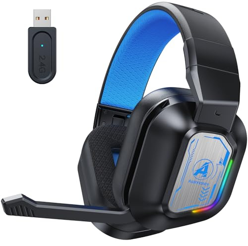 Awinnasey PH4 Wireless Gaming Headset mit Mikrofon, 2,4 GHz Gaming Kopfhörer für PS5, PS4, PC, Switch, Mac, Faltbarer Geräuschunterdrückung Bluetooth Kopfhörer mit LED Licht, Schwarz Blau