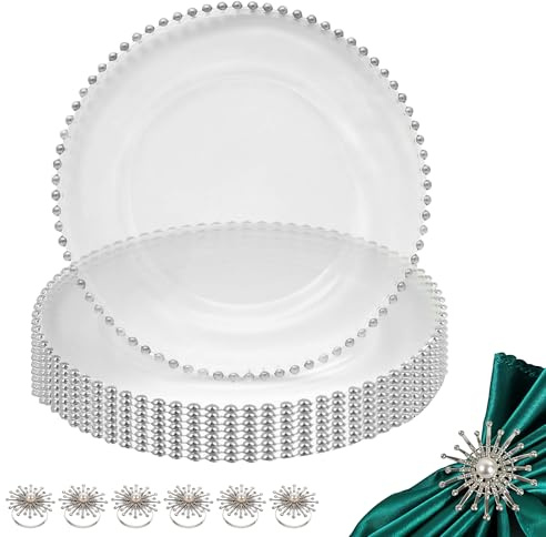 WedDecor Lot de 24 assiettes rondes transparentes en acrylique avec perles argentées de 33 cm avec ronds de serviette en strass pour mariages, fêtes, dîners et décoration de table