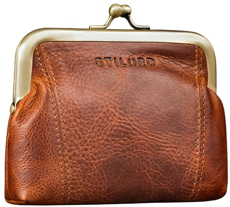 STILORD Goldie Petit Porte Monnaie Femme Cuir véritable Vintage Portefeuille Fermoir Clic Clac Retro Portefeuille pour Femme Cuir Porte-Monnaie à Clip Couleur:Kara - Cognac