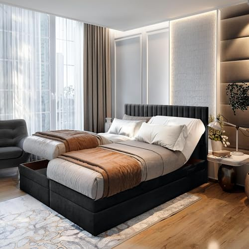 TRADA Boxspringbett ADÈLE 180x200 cm, elektrisch Bett mit Matratze + Tooper | Stoffbezug Veloursstoff, Bettkasten mit Gasautomaten, Schwarz