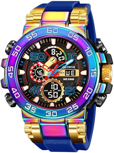 findtime Orologi colorati da uomo, 5 ATM, impermeabile, orologio digitale con doppio tempo 12/24H, indicatore LED, data, cronometro, grande orologio da uomo, design militare, Colorato blu