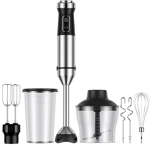 6-in-1 Immersion Blender, 1000W Hand Blender with 20 Speeds, Scratch-Resistant Stick Mixer with Whisk, Chopper, Beaker, Egg Beaters & Dough Hooks – Heavy Duty Hand Mixer, Black