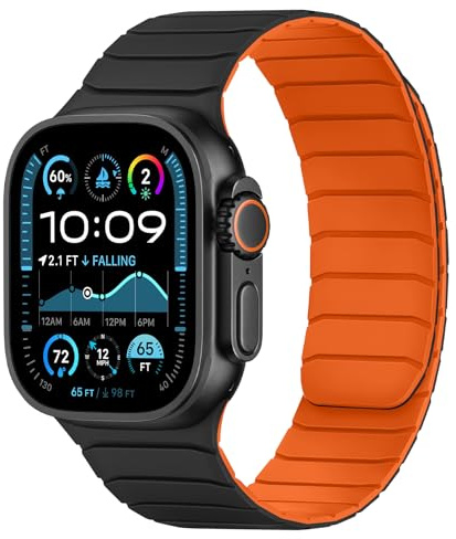 Tasikar Magnetic Straps Compatible with Apple Watch 49mm 46mm 45mm 44mm 42mm Soft Silicone Replacement Loop Wristband for iWatch Ultra 3 2 1 SE Series 11 10 9 8 7 6 5 4 3, Black-Orange