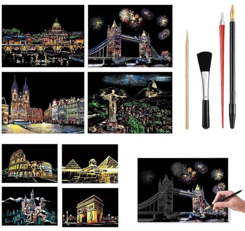 TICKLELY Tableau a Gratter Set Completo per Arte Creativa – Carta per Graffi Schizzo 8 Carte da Grattare A4, 2 Pennini, 1 Pennello per Pulizia, 3 Pennini in Legno, Rainbow Art per Adulti e Bambini
