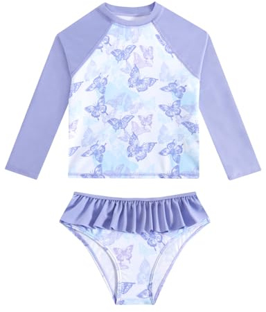 WYTbaby flickor baddräkt UV-skydd 2 st långärmad sjöjungfru baddräkt flickor utslagsskydd sommar strand simning set för 4-10 år, Lila fjäril, 5-6 År