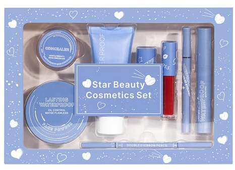 FGUUTYM Set trucco da donna, trucco da donna, confezione base trucco, trucco da viaggio, per mascara, cipria, rossetto, eyeliner, matita per sopracciglia e set per la festa della mamma (blu chiaro,