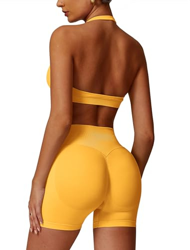 Odizli Damen Neckholder Sport BH + High Waist Shorts Zweiteiler Gym Workout Yoga Fitness Sportkleidung