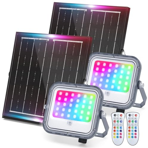 Aigostar Focos LED Exterior Solares RGBW, Cambio de Color 50W, Foco RGB+6500K y 3 Modos, Regulable, Control Remoto, IP66 Impermeable, Proyector LED RGB para Fiestas Jardín Terraza, 2 pcs
