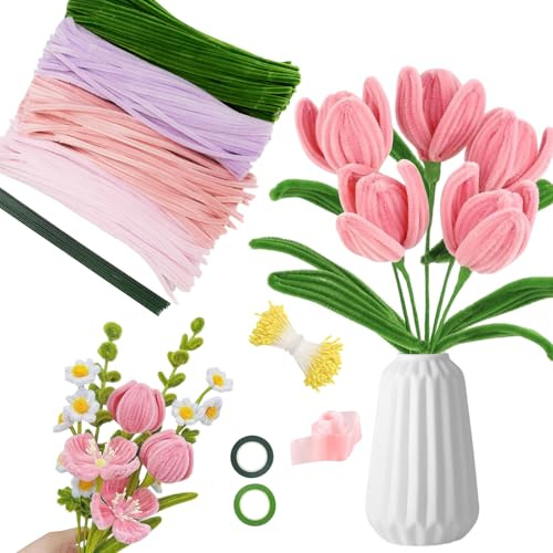 400 Stück Pfeifenreiniger Blumen Set,4 Farben Pfeifenputzer zum Basteln mit Blumendraht Grün, Blumenband,2 Klebebandrollen, Blumen Staubblatt,Pipe Cleaner für Blumenstrauß DIY für weihnachtsgeschenke