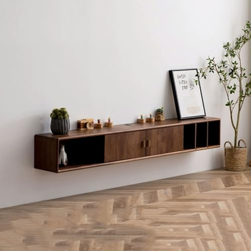 Moderne Meuble TV Mural Flottant en Bois de Noyer avec Portes et étagères de Rangement Ouvertes Console TV Table Suspendue Meubles multimédias de Divertissement Rangement(Petit)