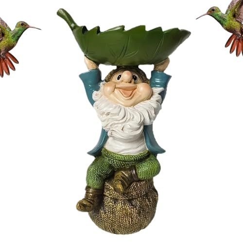 Mangeoire pour oiseaux pour l'extérieur, nain de jardin, mangeoire pour oiseaux, en plastique, avec décoration nain de jardin et forme de feuille pour jardin, terrasse, balcon, pelouse