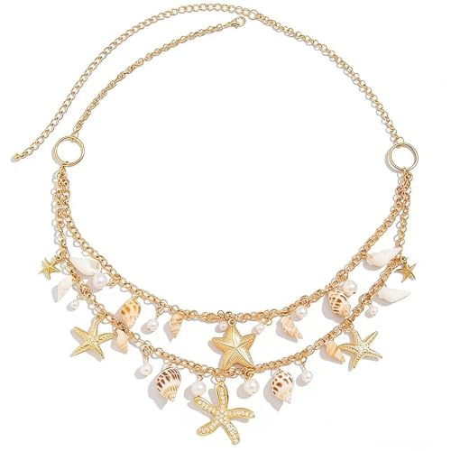 XFSRG Bauchkette Damen Gold Bohemian Beach Shell Kettengürtel Mehrlagige Taillenkette mit Muschel Seestern und Perlen Anhänger Verstellbar Leicht Sommerliches Accessoire