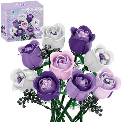 ENJBRICK Rosa und Lila Rosen Blumenstrauß Klemmbausteine, Künstliche Blumen Botanische Kollektion, Geschenk für Frauen zum Geburtstag oder Jahrestag, Ästhetische Raumdeko Kompatibel mit Lego | Everlasting Botanical Collection für Erwachsene, ästhetische Heimdekoration und romantisches Geschenk für Frauen, Jahrestag