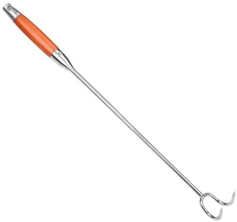 Crochet Viande Inox pour Barbecue, Retourner et Rôtir la Viande | Acier Inoxydable et Bois, Usage Bbq et Fêtes, pour Hot Dogs, Organisation et Préparation