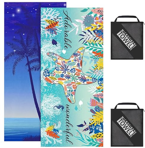 TW1TGOFT Beach Towels Cotton for Adults - 2Pack 200x90cm Absorbent Extra Large Beach Towel & 2 Mesh Bag Lightweight Quick-Dry Beach Towels for Swim Travel Gym (Tree & Starfish)